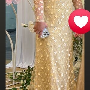 Gold Floral Gown with Sheer Sleeves